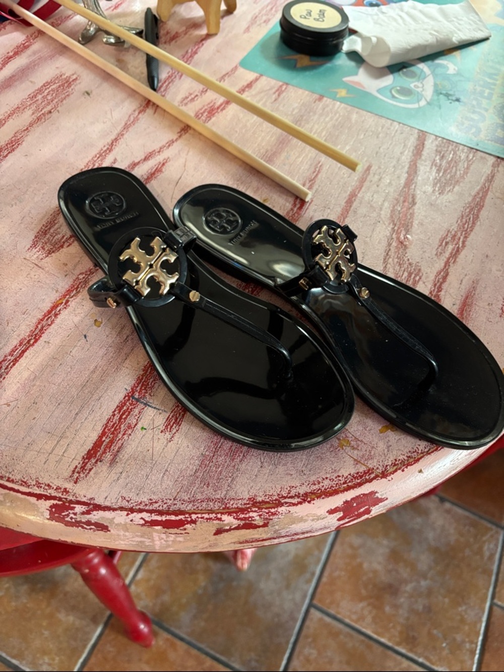 Tory Burch Black Patent Jelly Sandals with Gold Logo